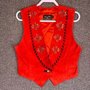 Patricia Wolf Suede Vest Women L Red Southwest Embellished Western Festive Rodeo